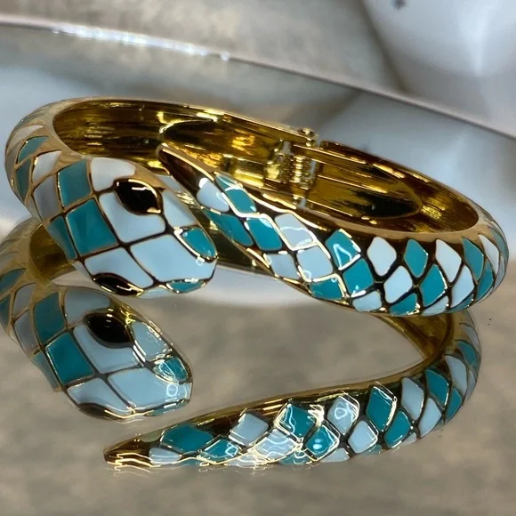 Snake Cuff Bracelet Gold-plated Inlaid Teal & White Enamel Bangle Bracelet sze 8